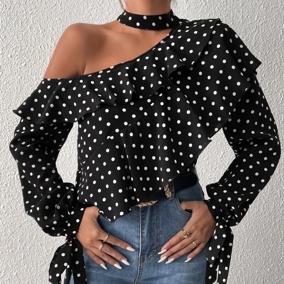 BellanBlue Tops - Classic Polka Dot One Shoulder Ruffle Blouse